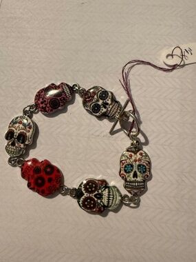Vibrant 8 inch Day of the Dead Skull Charm Link Bracelets Toggle Clasp